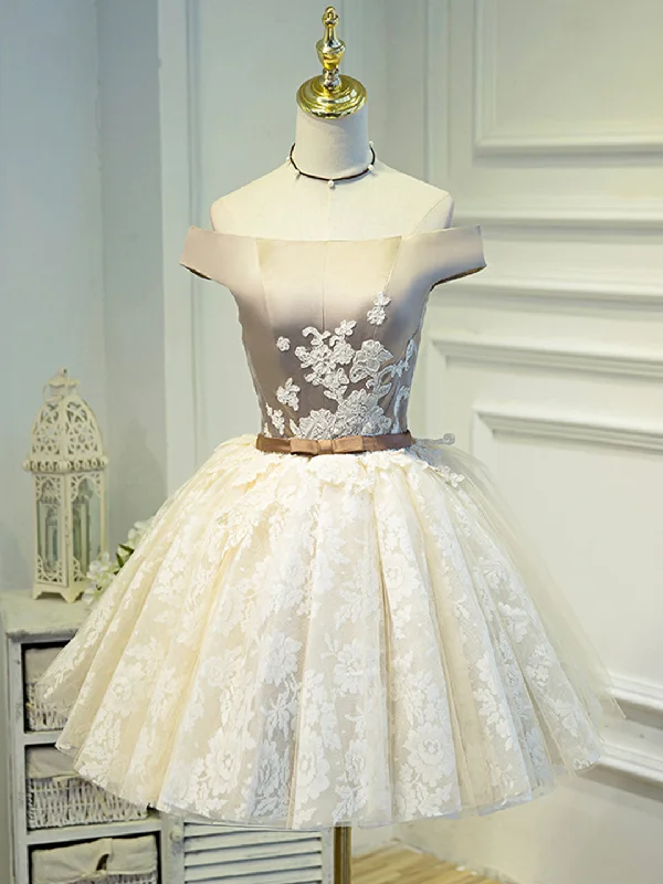 Champagne Tea Length Lace Party Dress, Off the Shoulder Evening Dress Tunics Summer linen