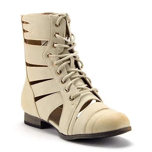 Women's Tosca-124A Tall Calf High Lace Up Cut Out Strappy Military Dress Boots Tunic Top Casual