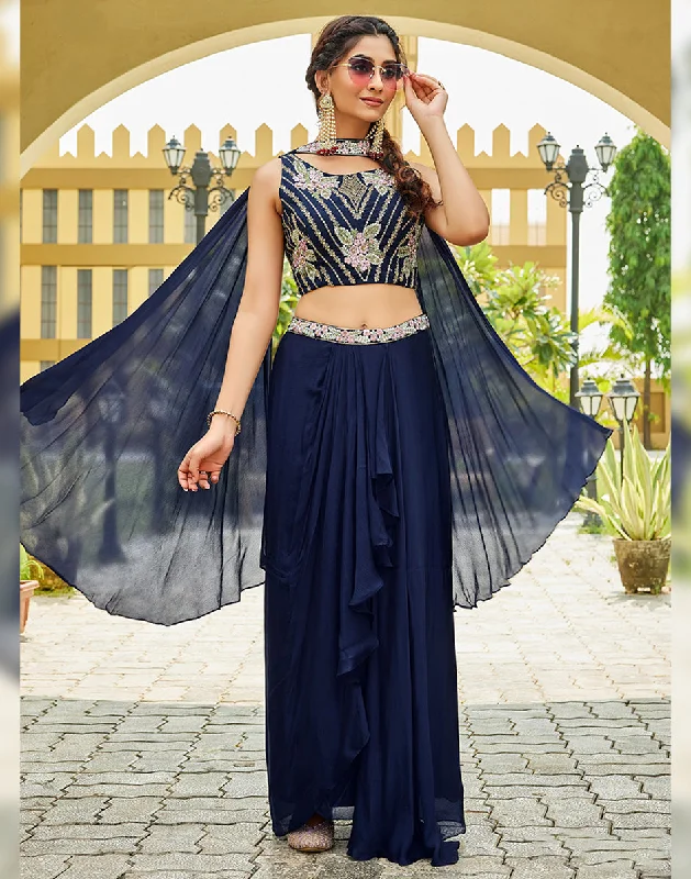 Luxe Ensemble Navy Designer Embroidered Sequin Crop Top with Drape Skirt & Dupatta Chenille Blend Fleece Blend Nylon Blend