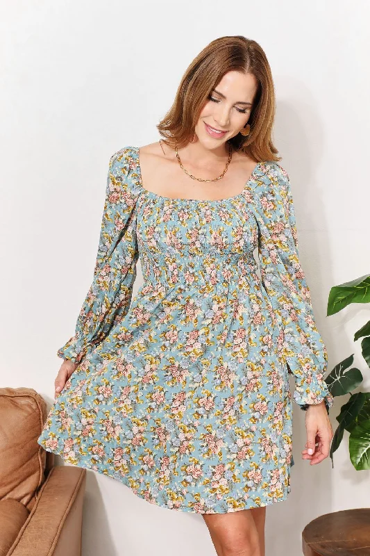 Double Take Floral Smocked Flounce Sleeve Square Neck Dress Tunics Sophisticated sleek