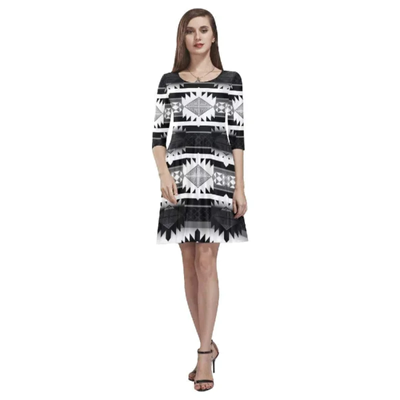 Okotoks Black and White Tethys Half-Sleeve Skater Dress Square Neckline Feminine