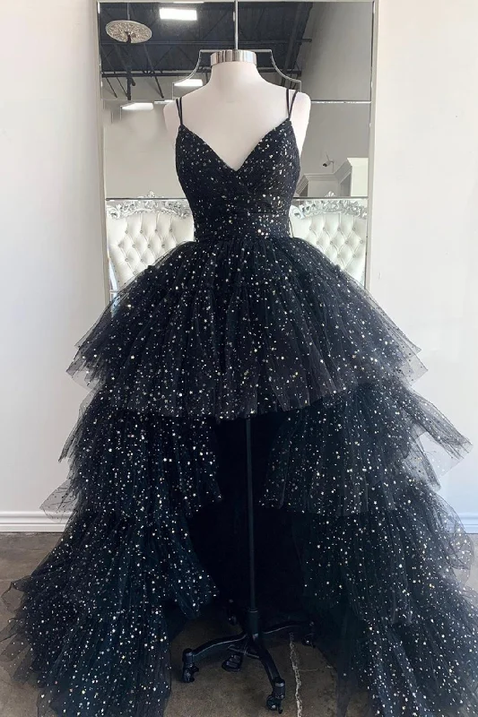 Black V-Neck Tulle Long Prom Dresses, High Low Evening Party Dresses Tunics Sophisticated sleek
