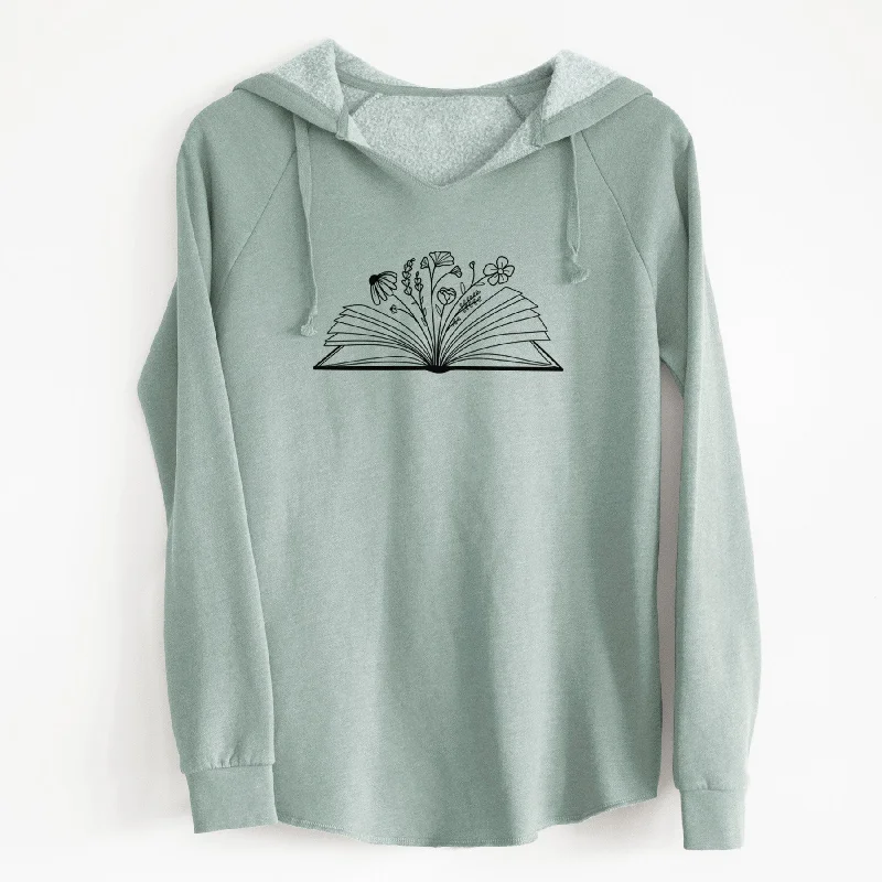 Floral Open Book - Cali Wave Hooded Sweatshirt Hoodie with Hem Raw Edge Edgy Unfinished