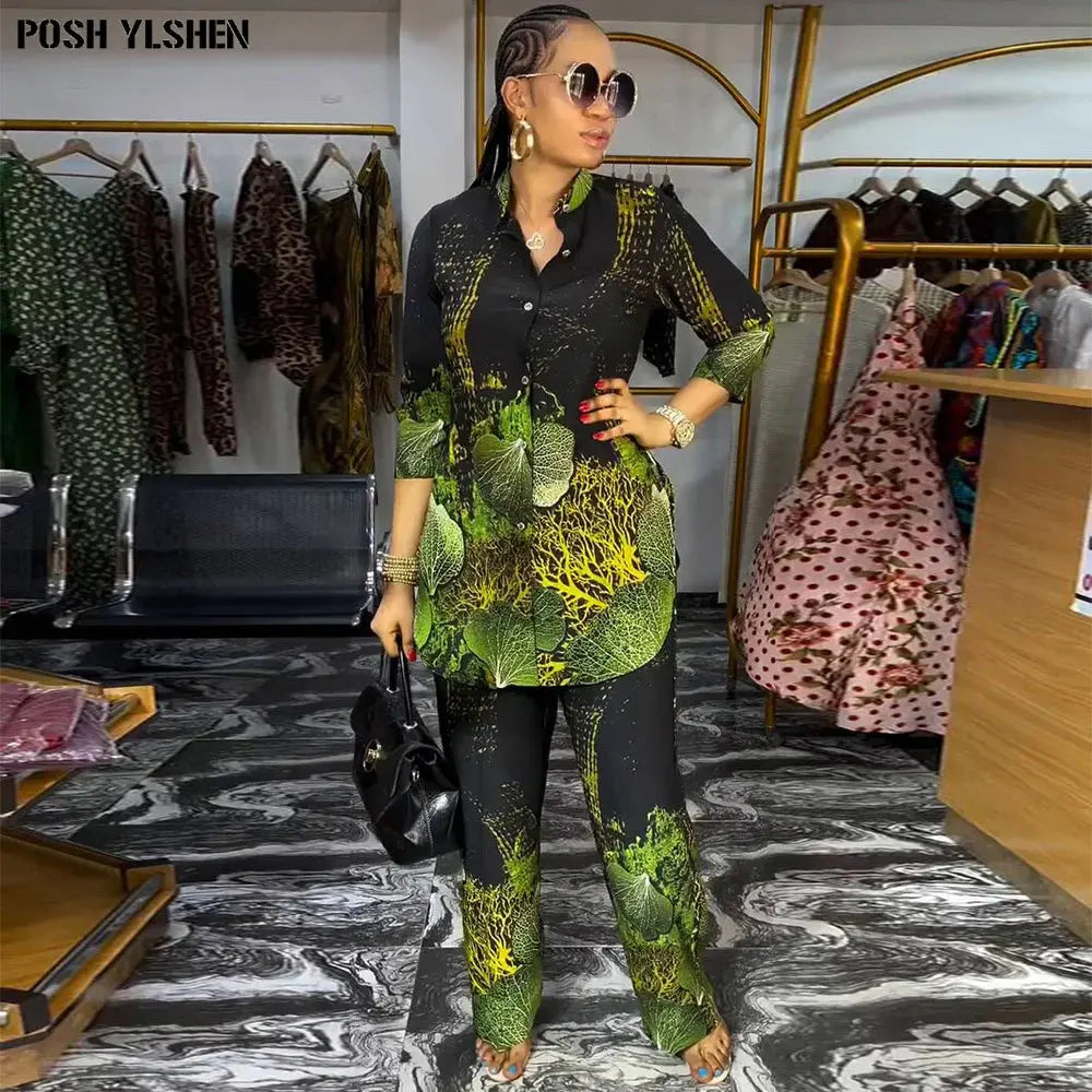 FZ Women's African Print New in Matching Two 2 Piece Pant Suit Modern Bootcut Pants