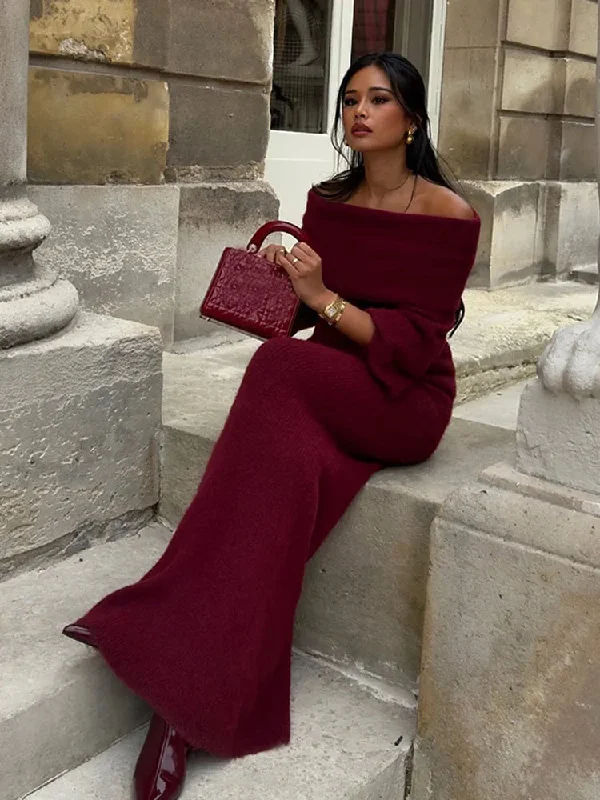 Off Shoulder Fold Knit Long Sleeve Tight Red Christmas Party Dress Tunics Cozy comfortable