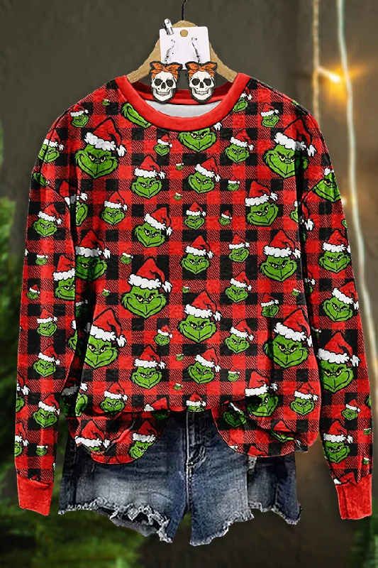 Christmas Grinch Plaid Print Sweatshirt Hoodie with Velcro Closure Adjustable Secure