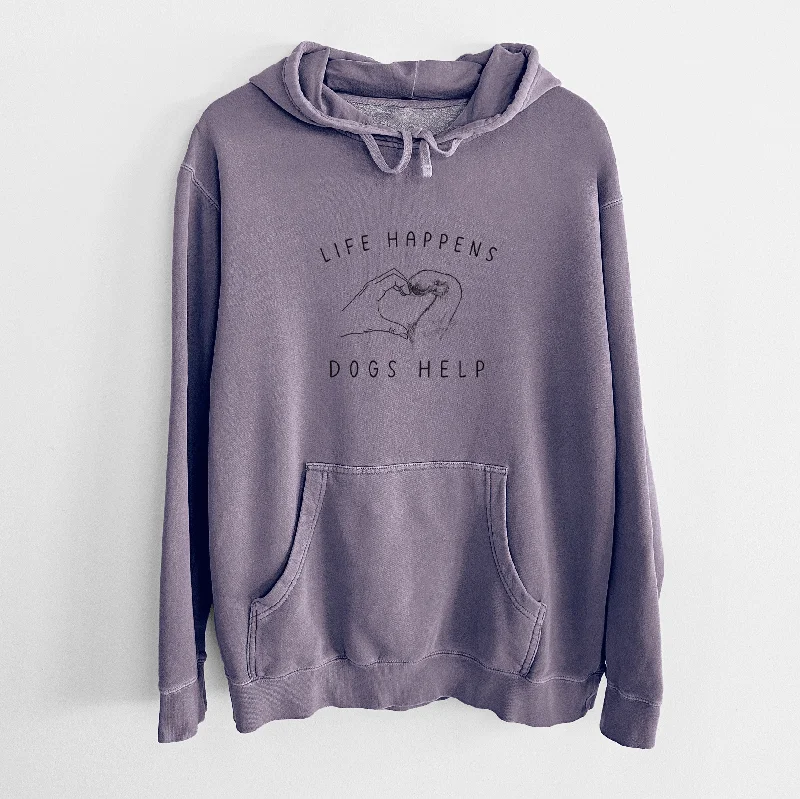 Life Happens Dogs Help - Paw Hand Heart - Unisex Pigment Dyed Hoodie Hoodie with Side Slits Relaxed Casual