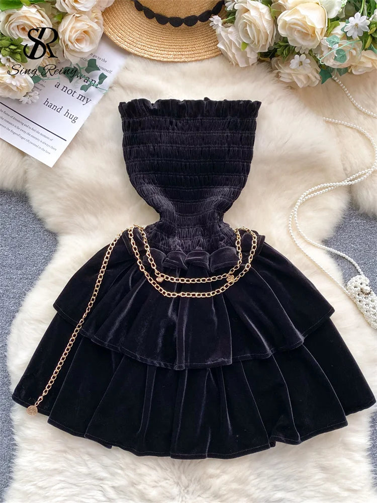 Yipinpay Ruffles Senior Slim Party Dress Strapless Off Shoulder Sleeveless Golden Chain Women Vintage Velvet Short Sexy Dress Tunics Occasion special