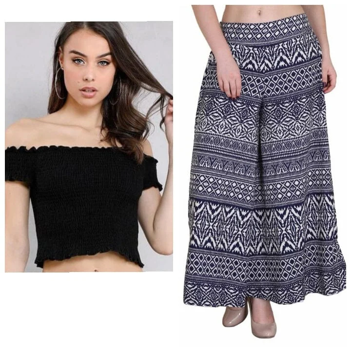 Palazzo & Crop Top Blue And Black Colour Crepe Palazzo with inner lined & Tube Smoking Top Lace Blend Ribbed Blend Corduroy Blend