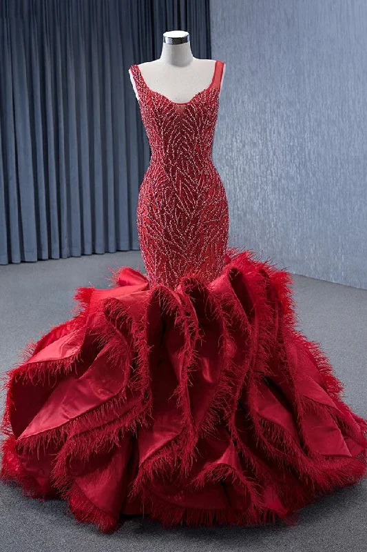 Red Princess Mermaid Beading Evening Dress Ruffles Party Dress Tunics Fall fleece