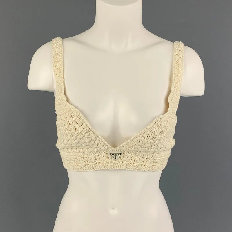 PRADA Size S Beige Cotton Crochet Crop Top Knit Fabric Woven Fabric Fleece Fabric