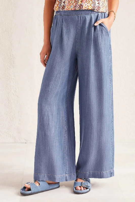 Flowy Pull On Wide Leg Pant In Blue Formal Wide-Leg Pants