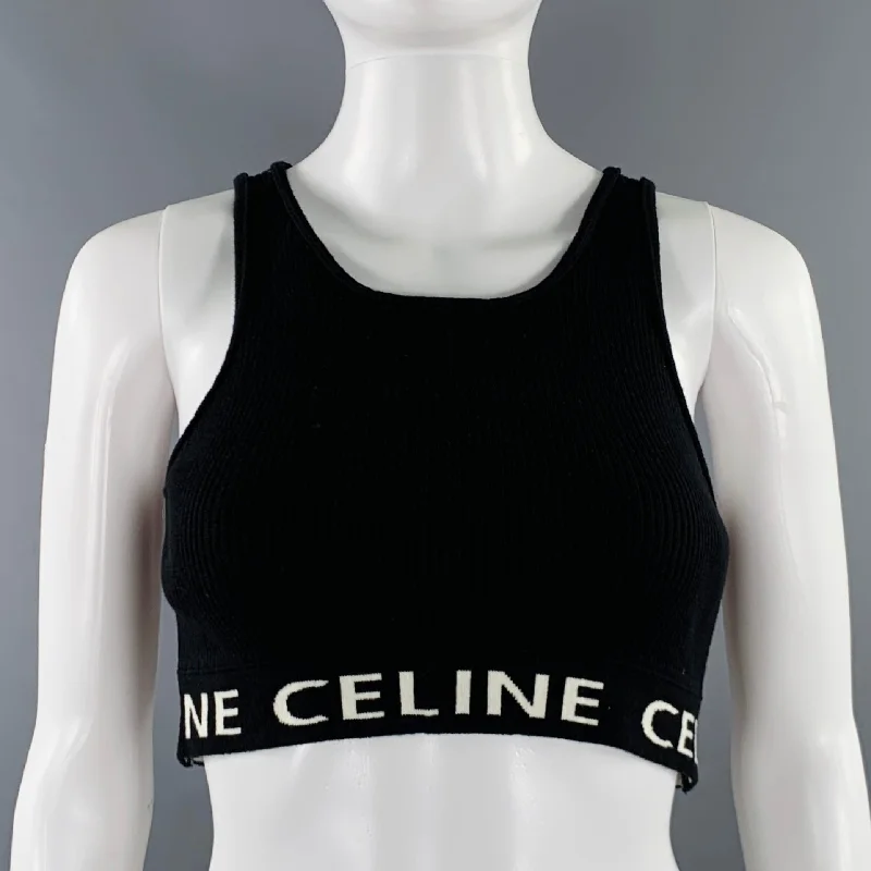 CELINE Size S Black White Cotton Logo Athletic Casual Crop Top Layered Multi-layer Single Layer