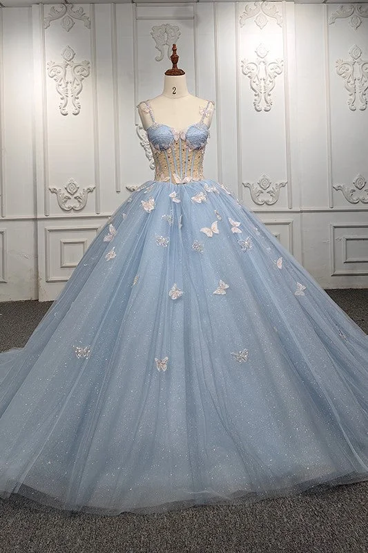 Exquisite Quinceanera Dresses Spaghetti Straps Beading Evening Party Dresses with 3D Butterfly Appliques Tunics Fashionable trendy