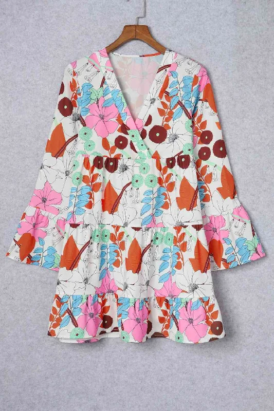 Floral Surplice Neck Tiered Dress Tunics Fashionable trendy