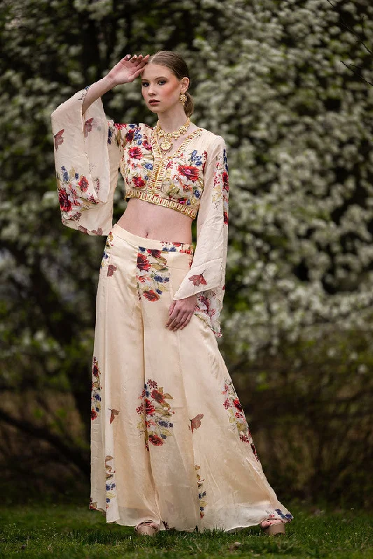 Elegant Cream colored  crop Top and Plazzo Set - Rent Hooded Caped Shawl Collar
