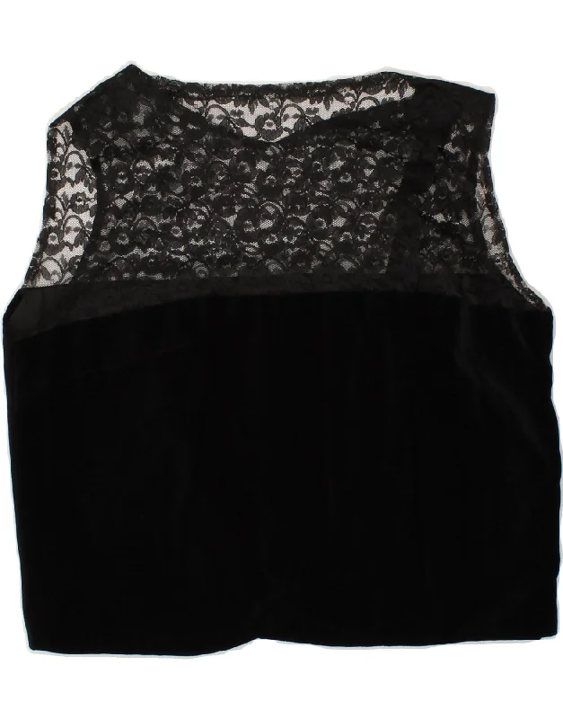VINTAGE Womens Crop Top UK 14 Medium Black Lace Blend Ribbed Blend Corduroy Blend