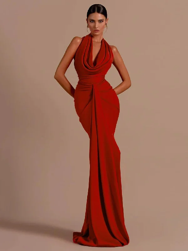 Red Backless Halter V-Neck Maxi Bodycon Christmas Party Dress Tunics Long Elegant
