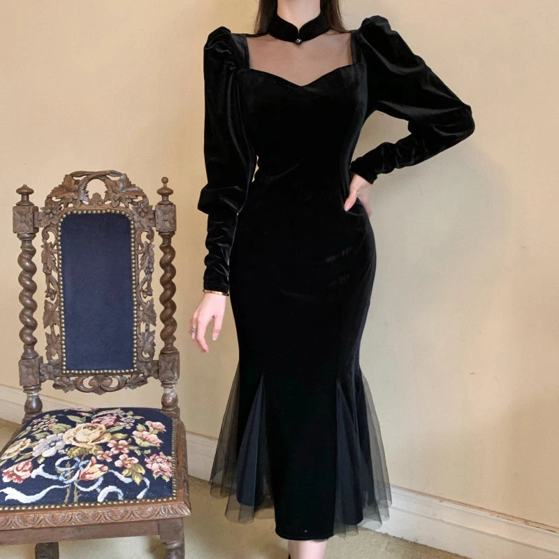 Yipinpay Mesh Velvet Black Long Dress Women Vintage Gothic Slim Party Dresses Female Winter Sexy Split Hollow Christmas Dress New Tunics Solid Classic