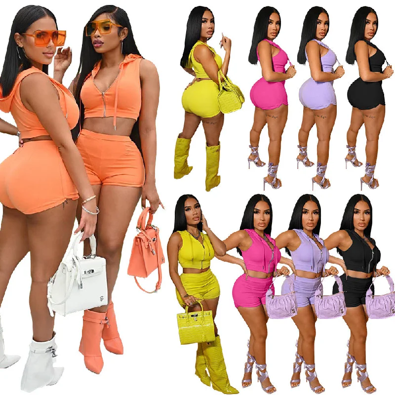 Summer Full Zip Up Sleeveless Crop Top Hoodie Sweatshirt Biker Shorts Women Outfits 2 Two Piece Shorts Set Clothing Chenille Blend Fleece Blend Nylon Blend