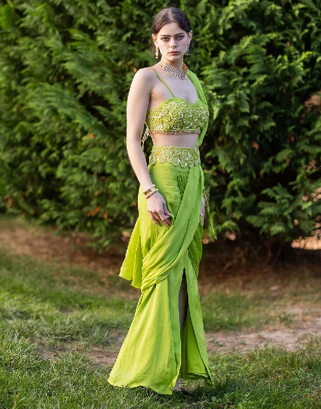 Elegant Green Embellished Crop Top with Coordinating Bottom and Attached Dupatta Mesh Blend Leather Blend Suede Blend