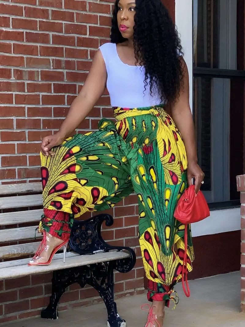 Exotic Green Multicolor African Print Harem Pants Formal Linen Trousers