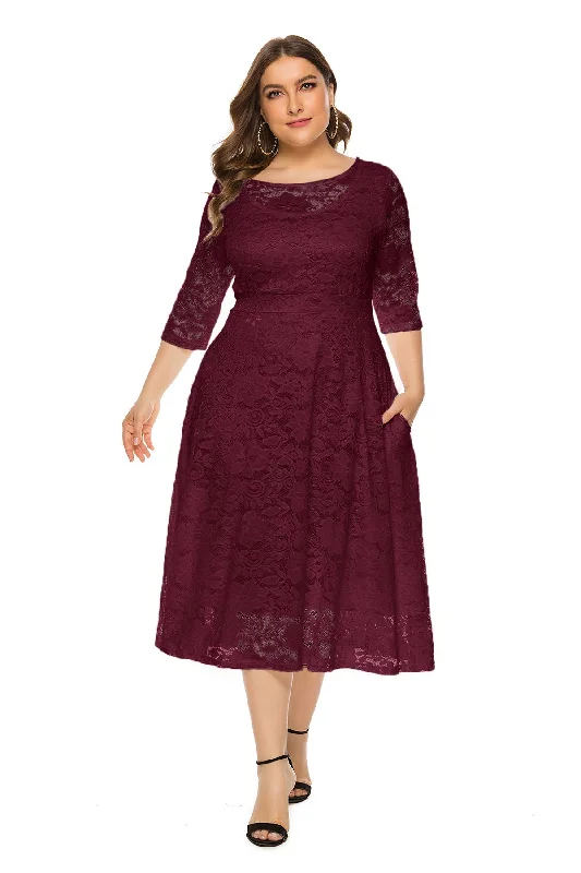 KittenAlarm - Plus Lace Overlay Party Dress Tunics Solid Classic