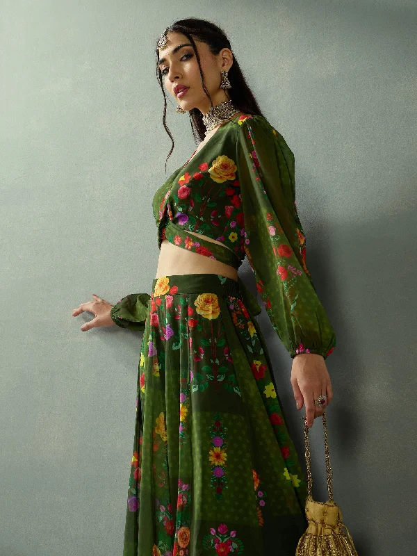 Women Green Floral Tie Knot Crop Top With Anarkali Skirt Terry Blend Velvet Blend Canvas Blend