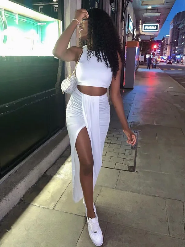Summer Women Crop Top Long Skirts Two Piece Set White Party Club Wear Sexy Split Skirts Sets Casual Clothing Collared Crop Top Boat Neck A-Line
