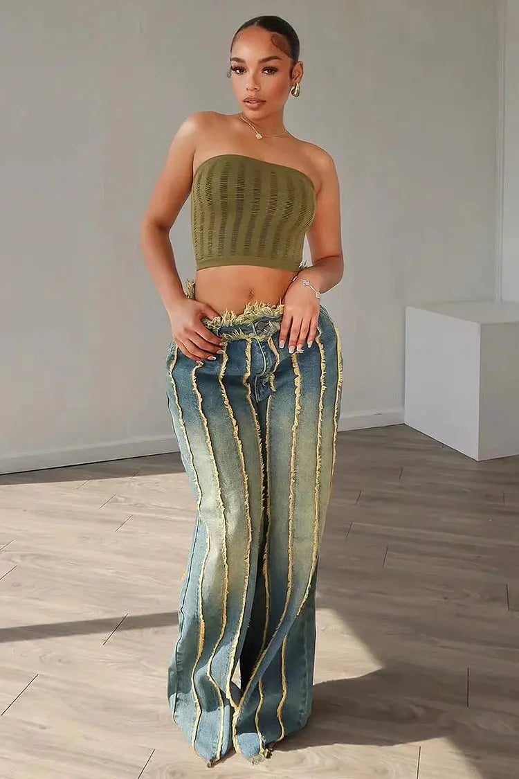 FZ Women's Raw Edge Distressed High Waist Wide Leg Denim pants Casual Sweatpants Style