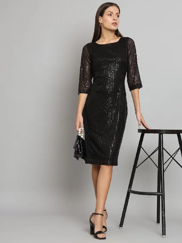 Stretch Sequins Party Dress- Black Tunics Vintage classic