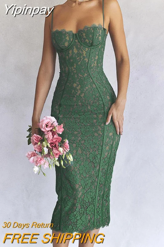 Yipinpay Lace Green Dress Elegant Sexy Night Wedding Guest Evening Party Dresses Spaghetti Strap Birthday Dresses for Women 2023 0407 Tunics Office stylish