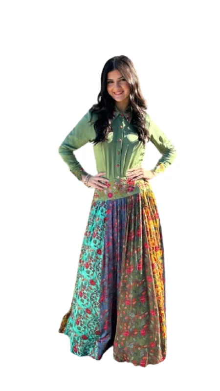 Silk Designer Green Crop Top Skirt - Rent Mesh Blend Leather Blend Suede Blend
