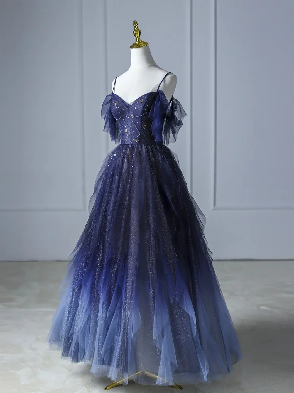 Blue Gradient Tulle Long Prom Dress, Beautiful Spaghetti Strap Evening Party Dress Tunics Top rated