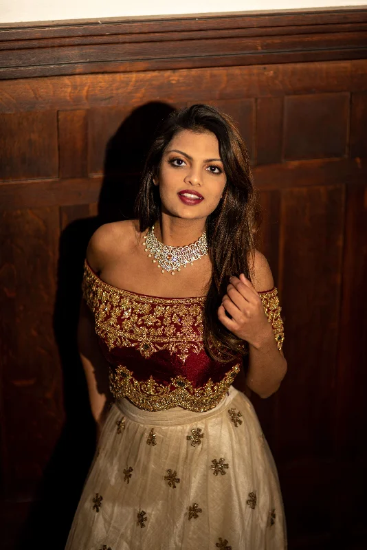 Opulent Maroon Beige Embroidered Crop Top and Skirt Set with Exquisite Embellishments Terry Blend Velvet Blend Canvas Blend
