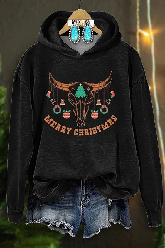 Retro Western Merry Christmas Cowboy Sweatshirt Hoodie Jacket Zipper Layering