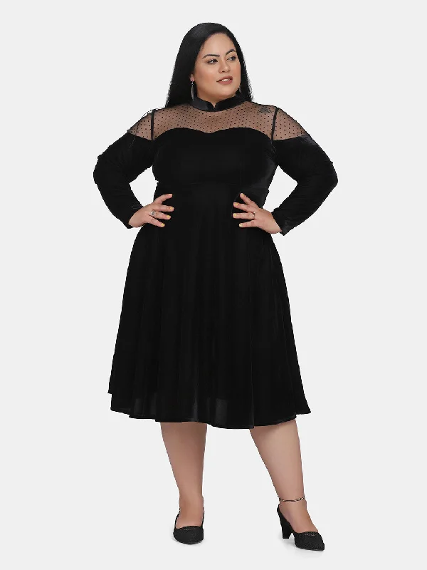 Illusion Neck  Velvet Party Dress for Women- Black Tunics Practical durable