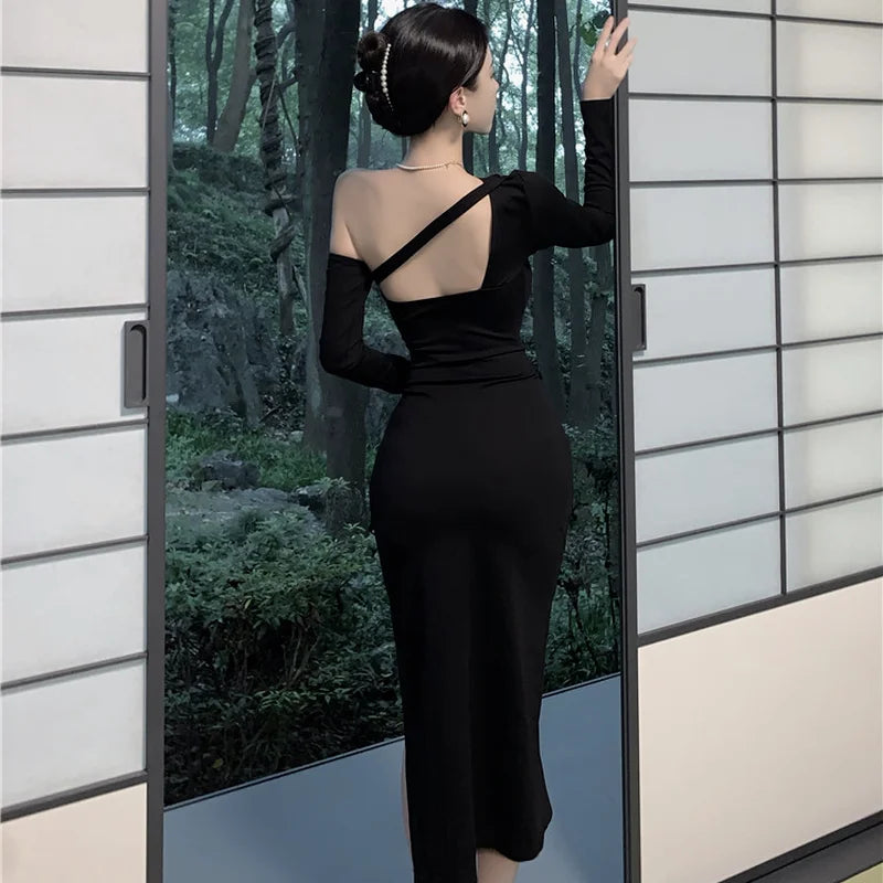 Yipinpay Black Dress Women Elegant Split Backless Off Shoulder Party Dress Korean Vintage High Waist Irregular Casual Dress 2023 New Tunics Polka dots
