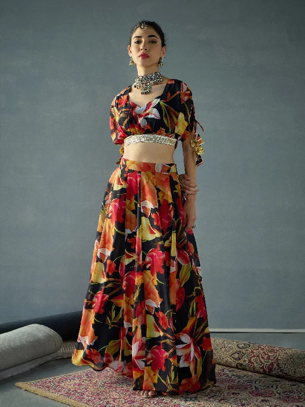 Women Black Floral Ruching Crop Top With Anarkali Skirt Mesh Blend Leather Blend Suede Blend