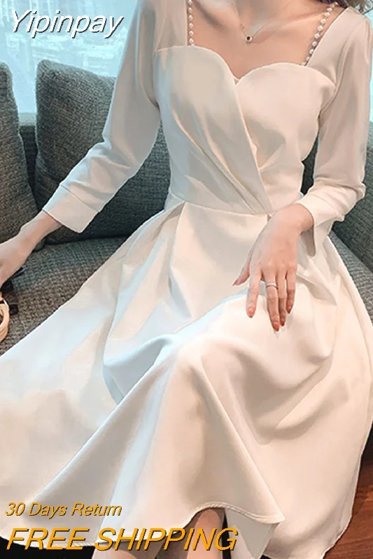 Yipinpay White Long Dress Women Elegant Chic Pearl Spaghetti Strap Prom Dress 2023 Autumn Casual Long Sleeve Evening Party Dress Tunics Fleece cozy