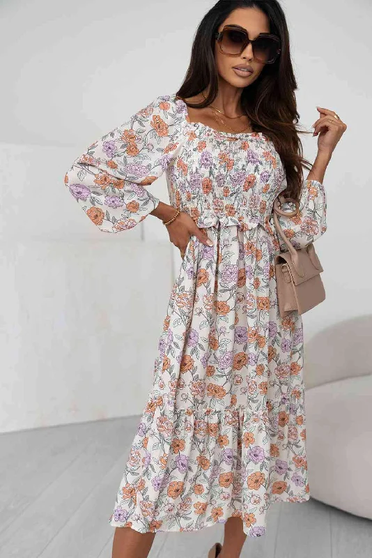 Blue Zone Planet |  Floral Smocked Square Neck Dress Tunics Handmade artisanal