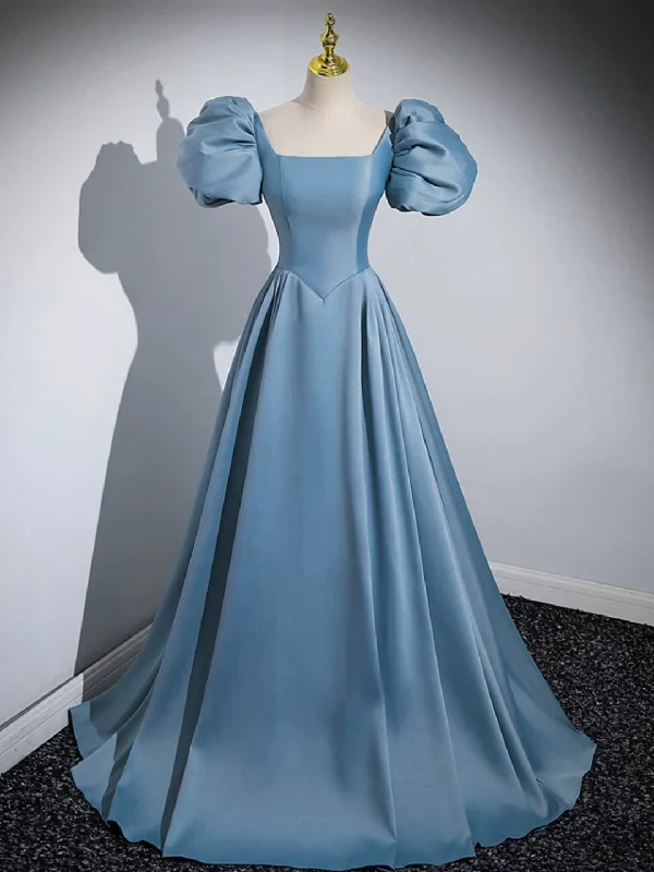 Blue Puff Sleeve Satin Floor Length Prom Dress, Blue A-Line Evening Party Dress Tunics Brand named