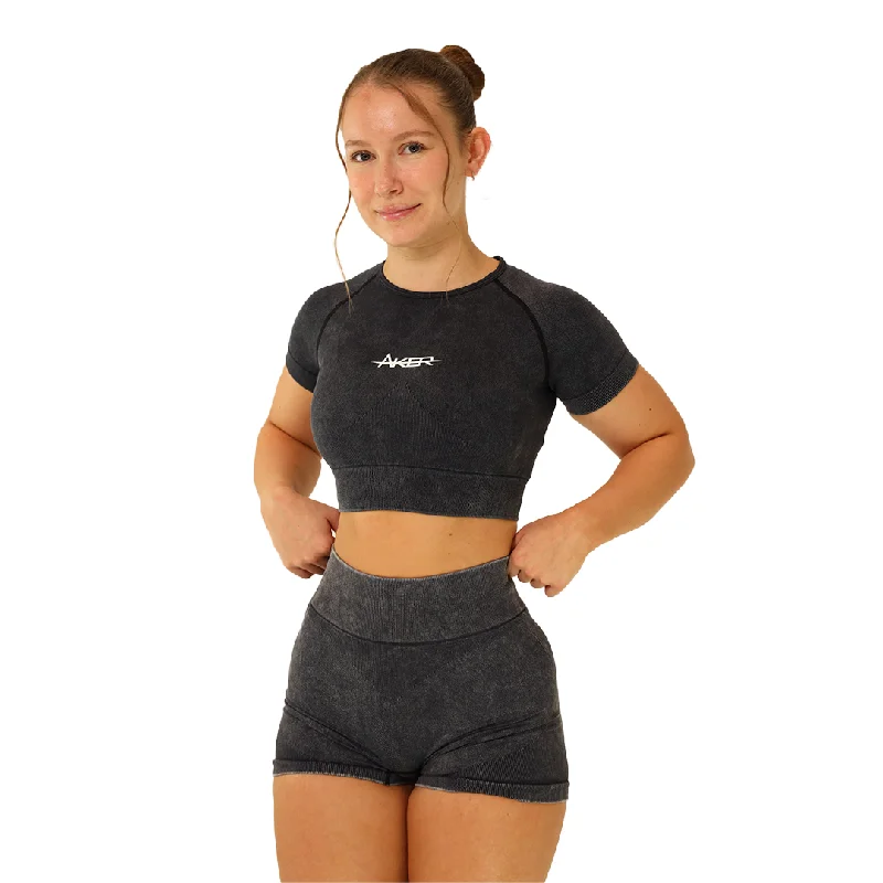 AKER Acid wash Crop Top - Charcoal Grey Mesh Blend Leather Blend Suede Blend