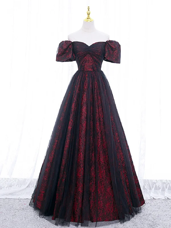Black Tulle A-Line Prom Dress with Rose Print, Black Off Shoulder Evening Party Dress Tunics Luxurious high-end