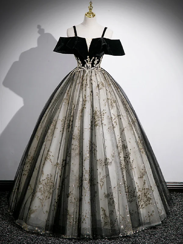 Black Velvet Tulle Sequins Floor Length Prom Dress, Off the Shoulder Evening Party Dress Tunics Favorite customer