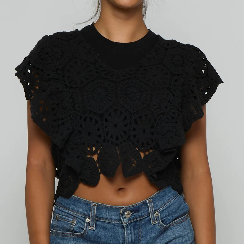 Crochet Sleeveless Crop Top - UK 6 Notch Collar Peter Pan Collar Cowl Neck