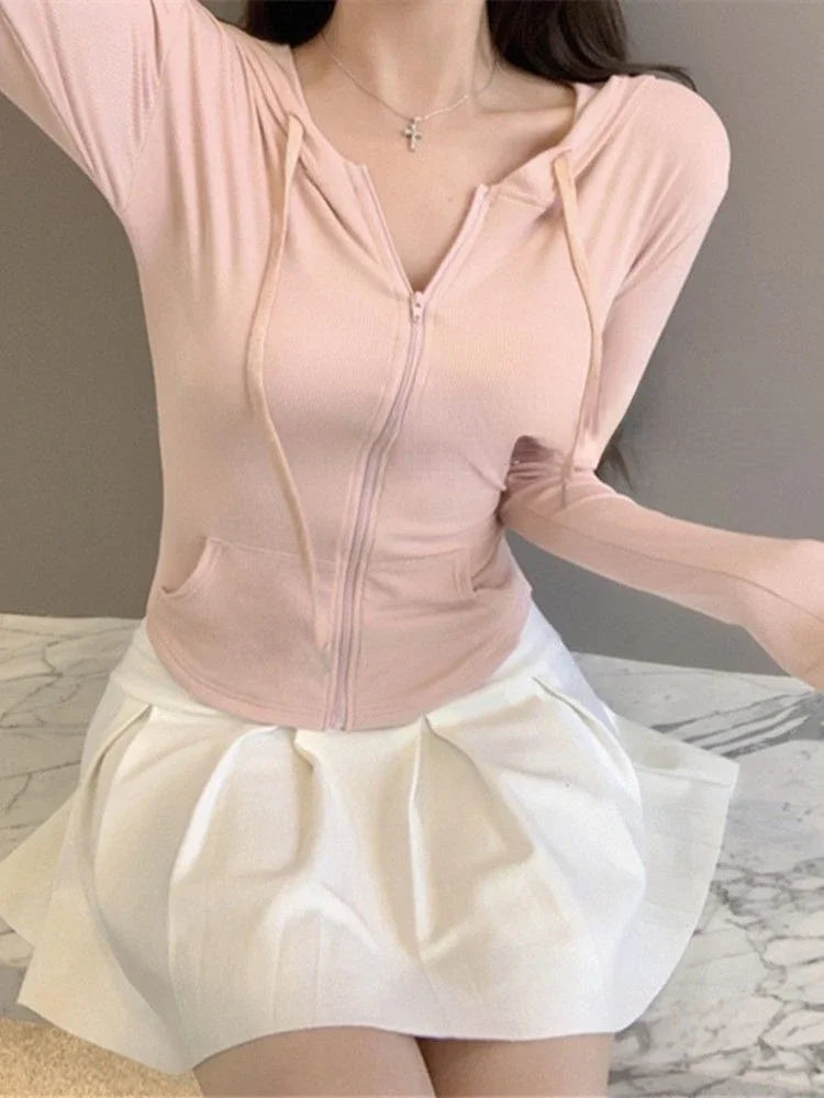 Tunic Pink Zip Up Hoodie for Women Y2k Crop Tops Hooded Long Sleeve Fashion Sweatshirts Casual Korean Hoodies 2024 Ropa Mujer Cozy Warm Stylish