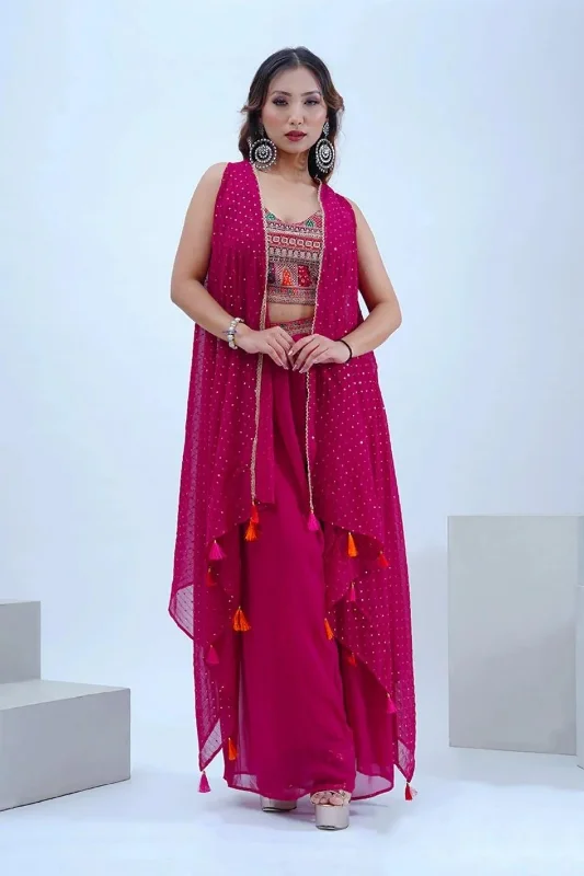 Pink Crop Top & Sharara With Sequin Work Cape - Rent Collared Crew Neck Turtle Neck