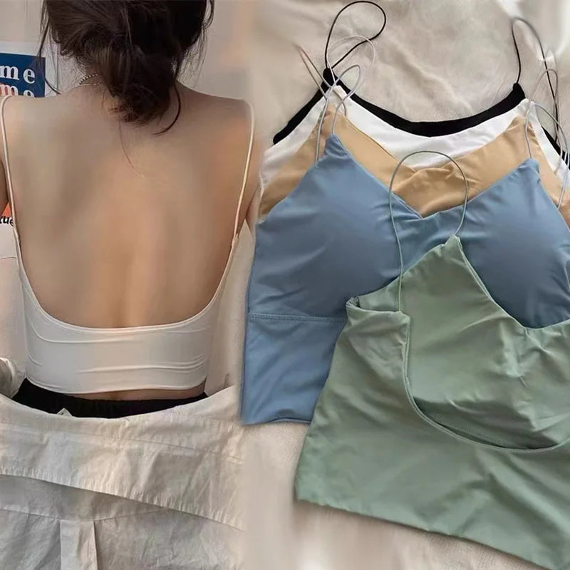 Sexy Women Crop Tops Ice Silk Summer Bra Sports Spaghetti Strap Vest Top Women Built In Bra Off Shoulder Sleeveless Camisole Zippered Front Buttoned Front Snap Front