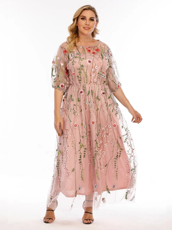 KittenAlarm - Plus Size Mesh Embroidery Party Dress Tunics Gym athletic